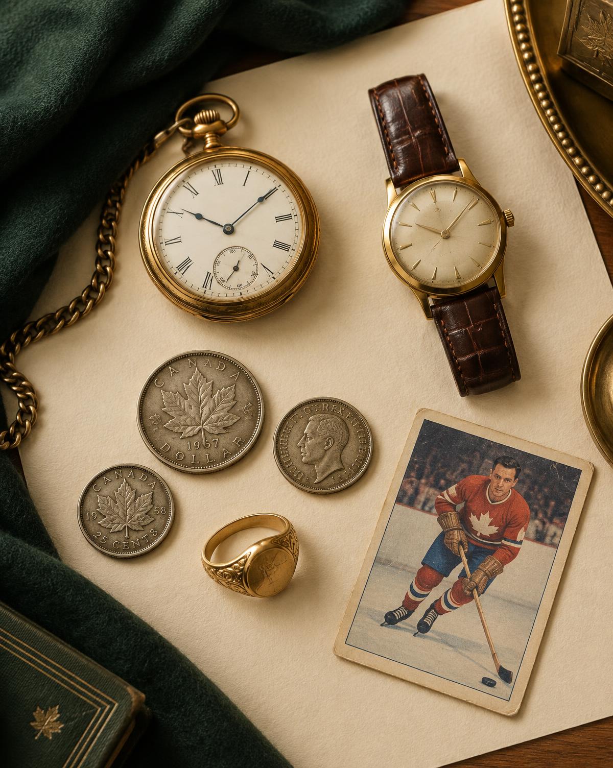 Montres, monnaies, bijou et carte sportive de collection